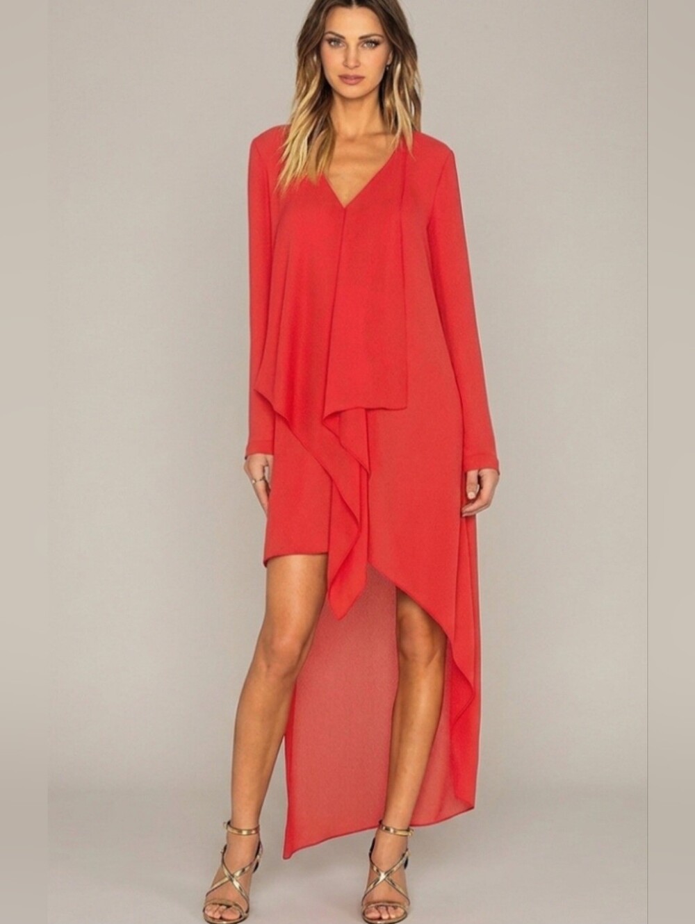 BCBGMaxazria 'Kyndal' Asymmetrical Long-Short Maxi Dress / Sz S / Colour poppy